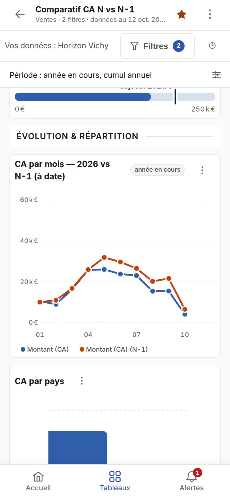 Téléphone : tableau Comparatif CA N vs N-1 d'Horizon Vichy, courbes de CA par mois, 2026 face à l'année précédente.